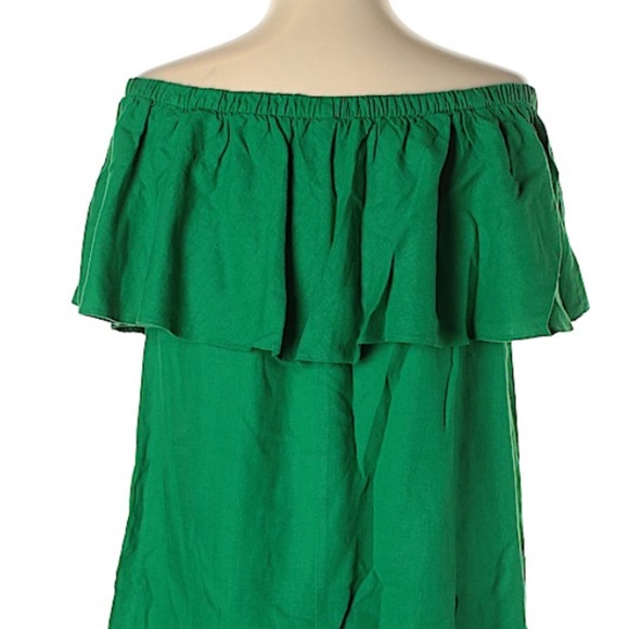 Green Ruffled Off the Shoulder Linen Dress - Picture 2 of 2